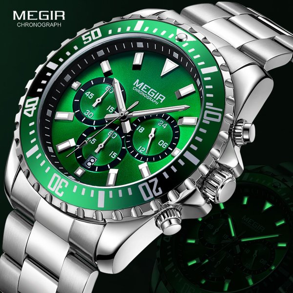 MEGIR hommes chronographe montres à Quartz en acier inoxydable étanche lumineux analogique 24 heures montre-bracelet pour homme cadran vert 2064G-9