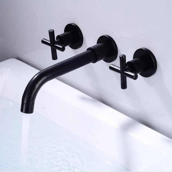 Black Brass Double Handle Wall Mounted Bathroom Sink Mixer Tap Hot & Cold Chrome Finish Faucet with White/Polished Gold Options