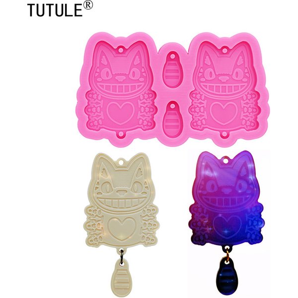 Mirror Cartoon Cat Pendant Mold, Polymer Keychain Resin Mould, Forms for Baking Fondant Candies Plaster Clay Silicone Mold