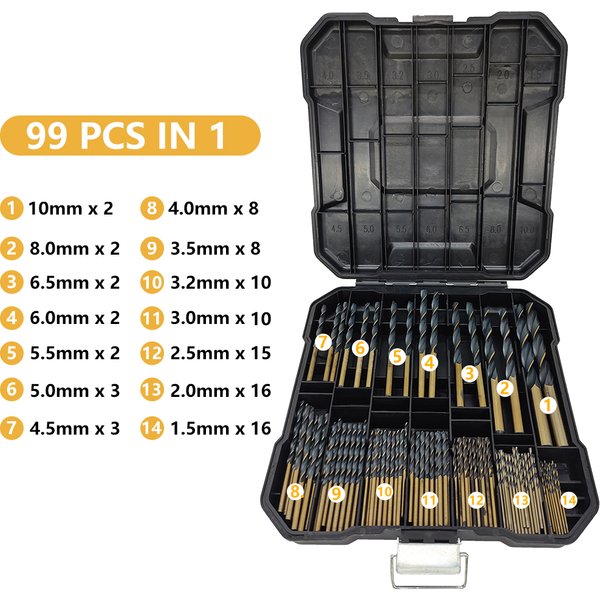 99 forets hélicoïdaux HSS 1.5mm-10mm, surface de revêtement de durcissement 135 degrés, accessoires d'outils électriques, utilisés pour le travail du bois et des métaux