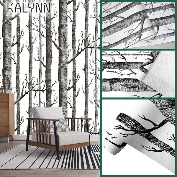 Papier peint 3D auto-adhésif forêt de bouleaux, autocollant mural pour salon et chambre à coucher, papier de contact en vinyle, peinture murale en bois noir et blanc, 6m x 45cm