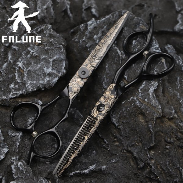 FnLune-Ciseaux de salon de coiffure professionnels à motif damas, coupe de cheveux de barbier, cisaillement à chaîne amincissante, ciseaux de coiffure à lancette