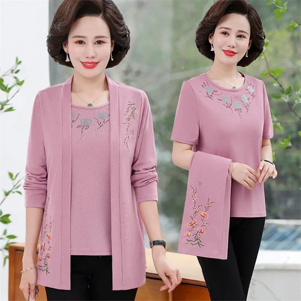 2 Teile/satz Mittleren Alters Ältere Frauen Mäntel Jacke Mode Tops T-shirt & Gestickte Mantel 2 Stück Set Frühling Frauen stricken Strickjacke