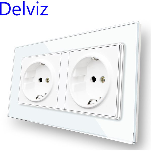 Delviz 16A EU Standard Socket, AC 110V~250V Double Outlet, 146mm*86mm Tempered Crystal Glass Panel, Wall Embedded Power Socket