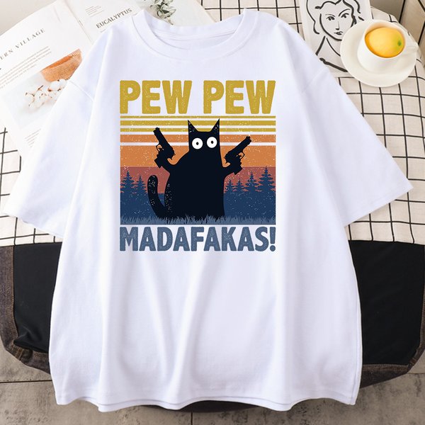 Pew Madafakas chat noir imprimé homme coton t-shirt vêtements personnalité Vintage coton T-Shirts décontracté tendance hauts hommes à manches courtes