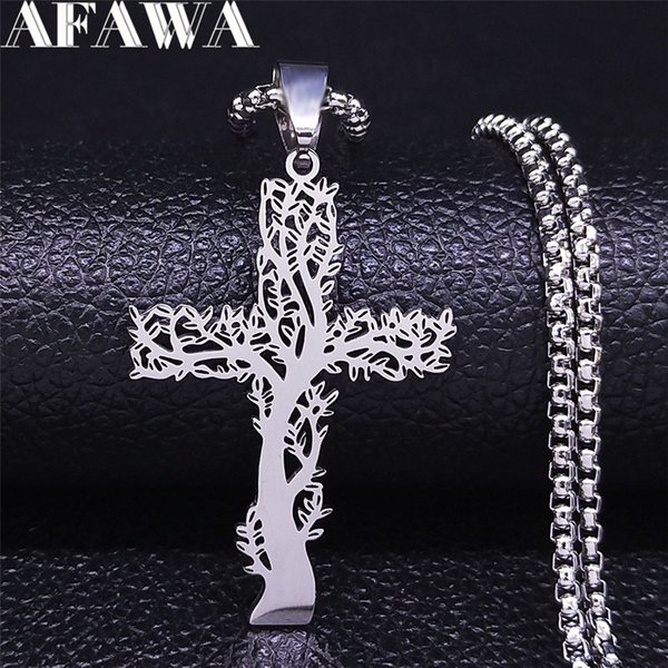 Collier Pendentif Croix Arbre de Vie en Acier Inoxydable Couleur Argent Hommes Femmes Collier Esthétique Bijoux Arbol De La Vida N3018S02