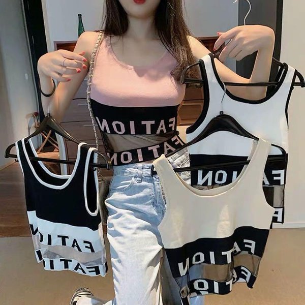 Damen Baumwolle Unterwäsche Tube Top sexy Letter Top Mode Mesh Tank Up weibliche Sport-BH Damen Hosenträger Farbe Kontrast Top