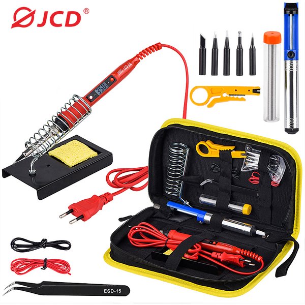 JCD-Kit de fer à souder à température réglable, outils de soudage LCD, chauffage en céramique, pointes de soudure, pompe à dessouder, 220V, 80W
