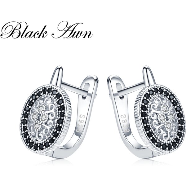 Schwarze Granne, klassische silberne Farbe, oval, schwarz, trendige Spinell-Verlobungs-Creolen für Damen, Schmuck, Bijoux I149