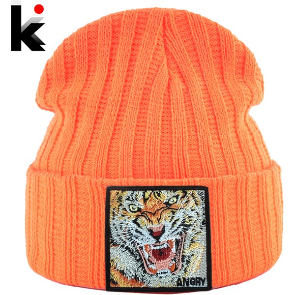 Nouvelle mode tricoté Beanie chapeaux avec broderie tigre Patch Hip Hop Skullies bonnets hommes femmes hiver tricot couleur unie Ski chapeau