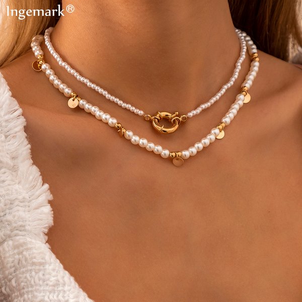 2Pcs/Set Elegant White Imitation Pearl Choker Necklace Women Collares Bridal Wedding Kpop Beaded Chain Fashion Aesthetic Jewelry