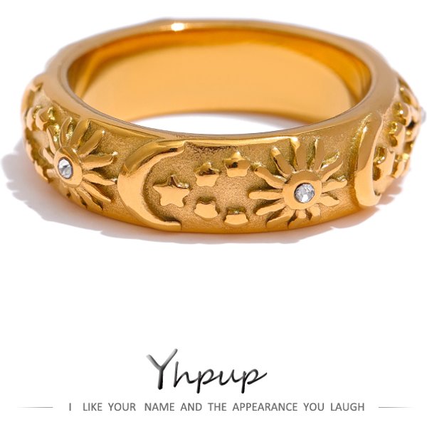 Yhpup soleil étoile lune bague en acier inoxydable bijoux élégant métal céleste femmes bague joyería acero inoxydable mujer cadeau nouveau