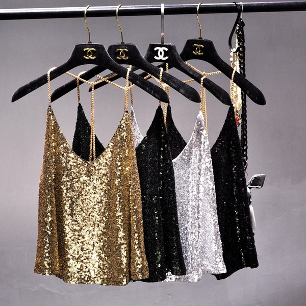 Sequins Condole Belt Vest, Women's Fashion Wear Tops 2023 Suumer Sexy Low-cut Loose T-shirts tank top tops