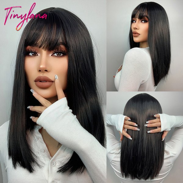 Black Medium Straight Synthetic Wig Blunt Cut Short Bob Wigs with Bangs for White Woman Afro Natural Daily Heat Resistant Hair