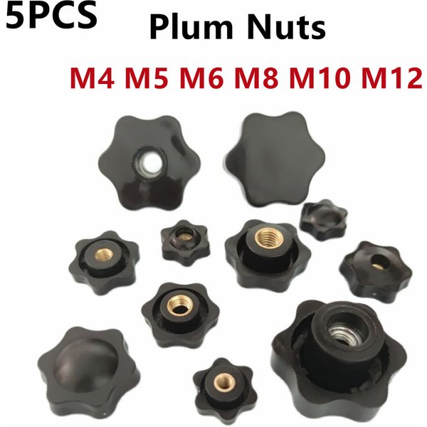 5PCS M4 M5 M6 M8 M10 M12 Pflaume Hand Straffen Muttern Griff Gewinde Mechanische Schwarz Thumb Muttern Spann Knob manuelle Muttern Perforierte