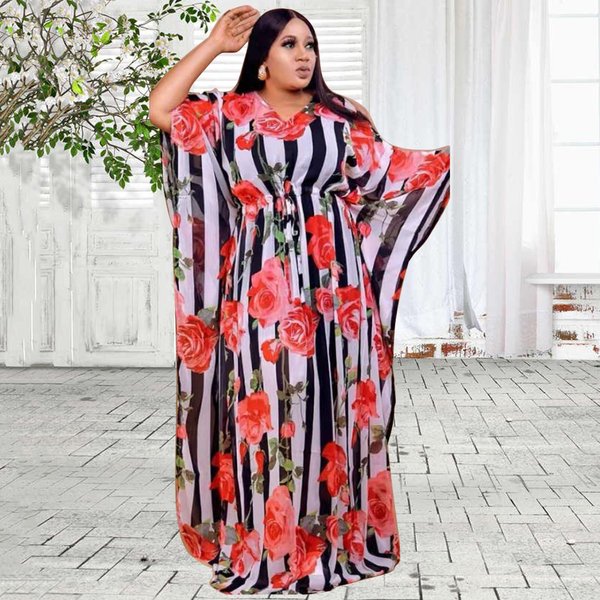 Bobo Afrikanische Kleider Für Frauen V-kragen Langarm Maxi Femme Vestidos Kaftan Blumen Druck Streifen Sommer Design Robe kleider