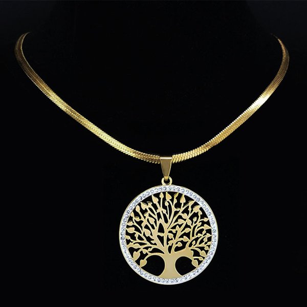 Modische Lebensbaum Edelstahl Kristall Halsketten Anhänger Damen Goldfarben Halsschmuck Bijoux Acier Inoxydable Femme
