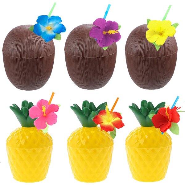 Ensemble de 6 tasses à boire en noix de coco, ananas Tropical, tasses à jus, paille d'été, Luau, flamant rose, anniversaire, plage, piscine, fête, décoration hawaïenne