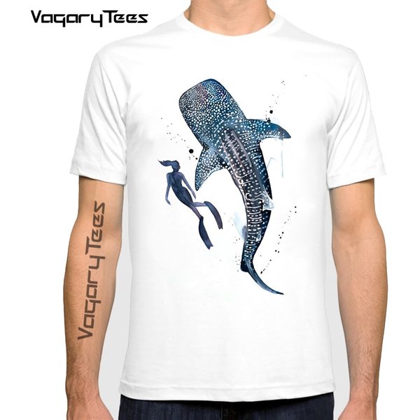 Freitaucher mit Walhai, Aquarell-Druck, Tier-Meer-Kunst, Meeresleben-Kunst, neuestes T-Shirt mit kurzen Ärmeln, klassisches Design.