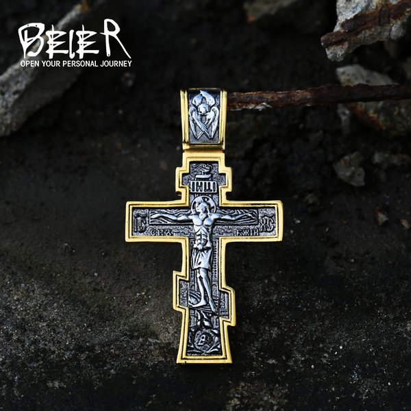 Jesus Kreuz Herren Edelstahl Kruzifix Östliche orthodoxe Anhänger Kette Halskette Schmuck BP8-515