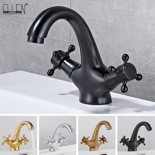 Antique Faucet Hot and Cold Water Crane Bronze Brushed Sink Faucet Black Bathroom Swan Vintage Basin Sink Mixer Crane 7422