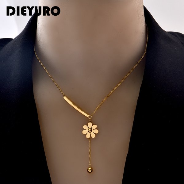 DIEYURO 316L Edelstahl 2021 Heißer Verkauf Schöne Blume Hängende Kette Lange Stil Exquisite Schlüsselbein Kette Halskette Für Frauen