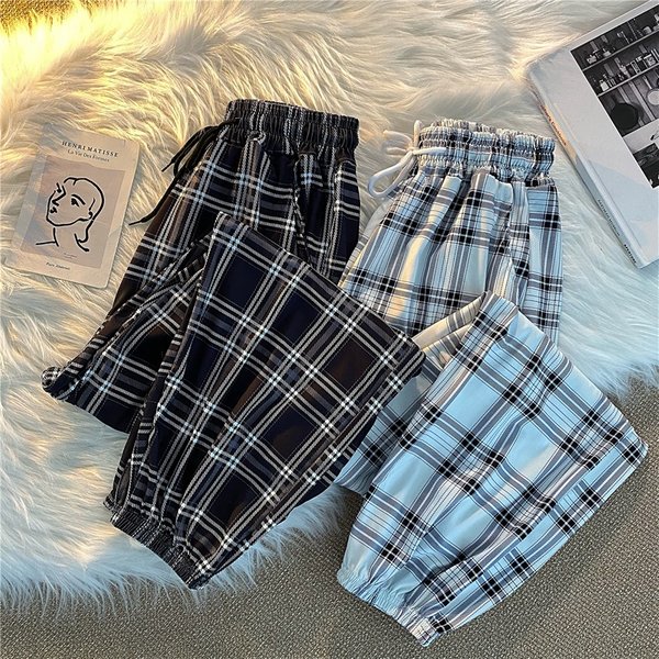 Hosen Frauen Neue Haufen füße Mode Lose Schwarz Plaid Sommer Harajuku Studenten Streetwear Harem Lange Hosen Frauen Chic