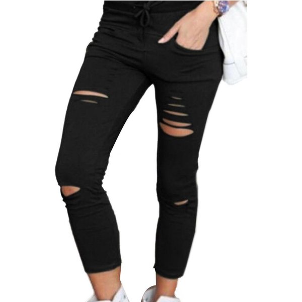 Pantalon crayon déchiré pour femmes, couleur unie, cordon de serrage, taille haute, mode, slim décontracté, Long, été