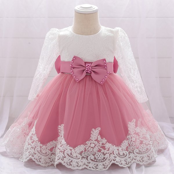 Robe pour nouveau-né fille, manches longues, en dentelle, robes de mariée de fête avec grand nœud, robe de princesse pour 1er anniversaire