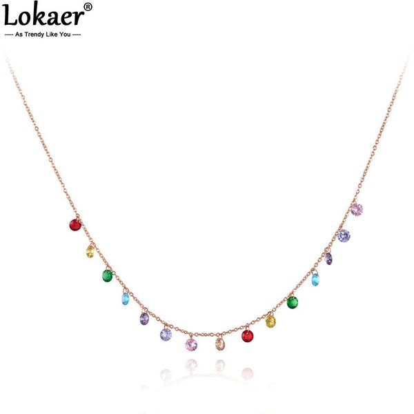 Lokaer Trendy Bohemia Stainless Steel Colorful CZ Crystal Choker Necklace Beach Jewelry Pendant Chain Necklace For Women N19125