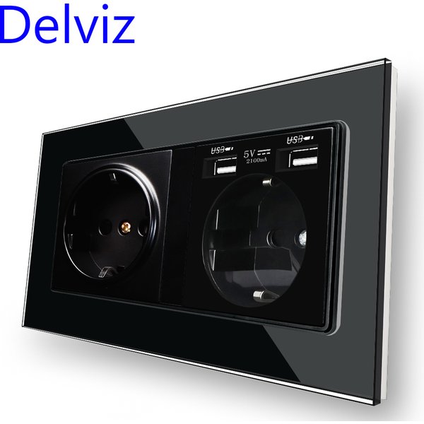 Prise murale double 16A Delviz, avec ports de charge USB 5V 2A, AC 110V~250V, panneau en verre trempé noir, prise standard européenne