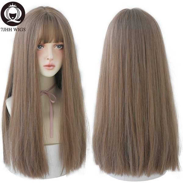 7JHHWIGS Lange Gerade Synthetische Hellbraune Perücken Mit Pony Für Frauen Hitzebeständige Täglichen Gebrauch Haar Heißer Verkauf Großhandel Perücken