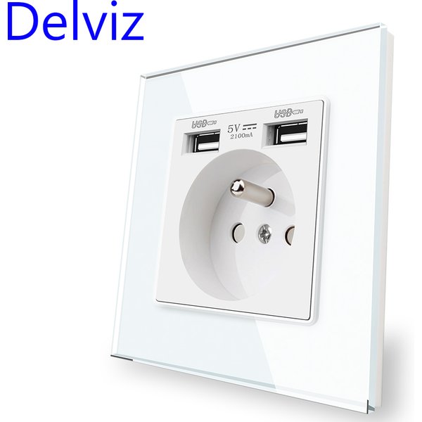 Delviz France Standard Outlet, Toughened Glass Panel, 5V 2100mA Double USB Security Charging Interface, 16A Wall Power USB Socke