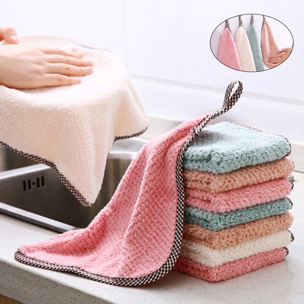 Serviettes de cuisine en molleton de corail, 5 pièces, chiffon de nettoyage suspendu pour vaisselle, chiffon à vaisselle, serviettes de nettoyage ménager absorbantes en microfibre