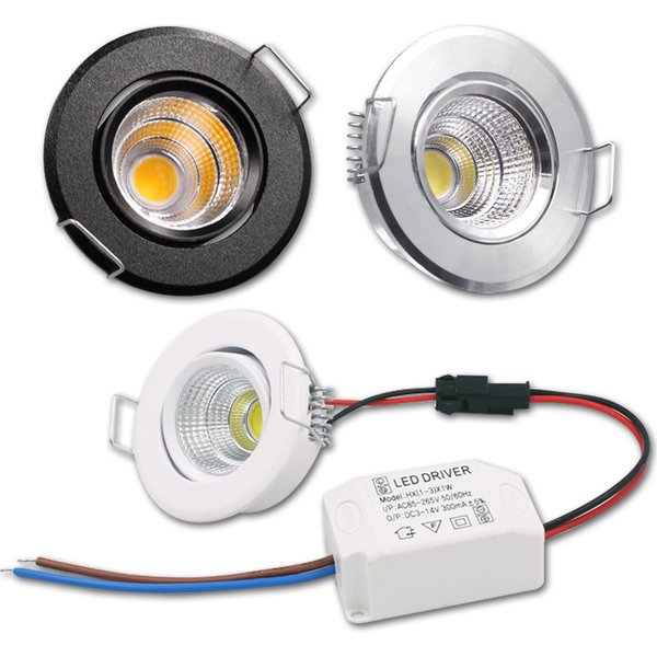 1/5 pièces en aluminium rond LED Dimmable plafond Downlight 3W AC90-260V encastré COB Spot ampoule à LED avec pilote