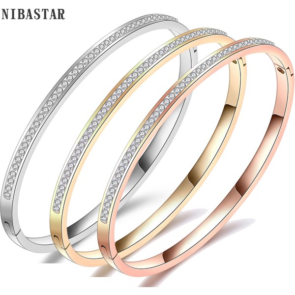 Simple Plain Design Wire Bangle Stainless Steel Pave One Row Clear Crystal With Wire Bracelets Bangles