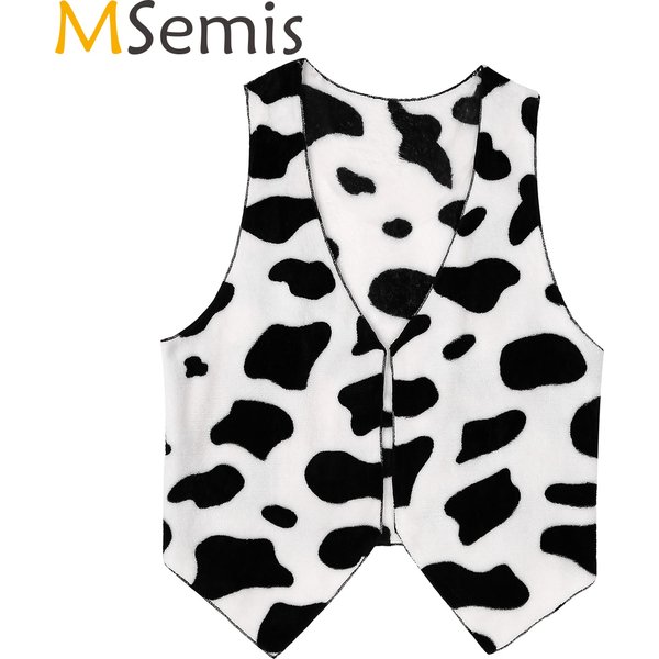 Men's Cow Print Adult Vest Festival Christmas Costume Sleeveless Open Front Flannel Short Waistcoat Vintage Hippie Costume Vest