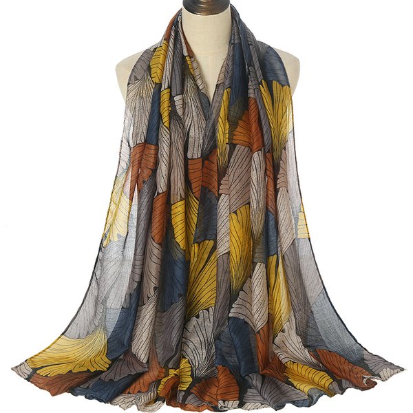 2026 Frühlingsmode Ginkgo Biloba Floral Viskose Schal Lady Print Voile Schals und Wraps Pashmina Foulards Muslim Hijab 180 * 80 cm
