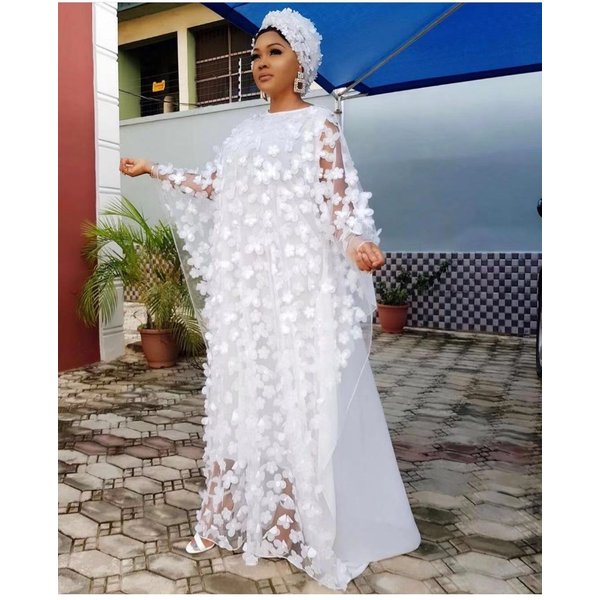 White African Dresses for Women Summer Traditional Africa Clothing Applique Flower Muslim Kaftan Chiffon Maxi Long Dress