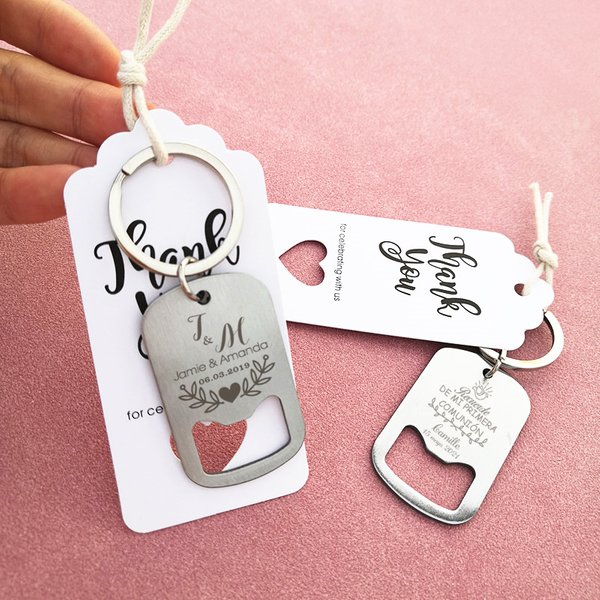 Décapsuleurs porte-clés personnalisés en acier inoxydable gravé, cadeaux de mariage et de fête, avec sac en organza