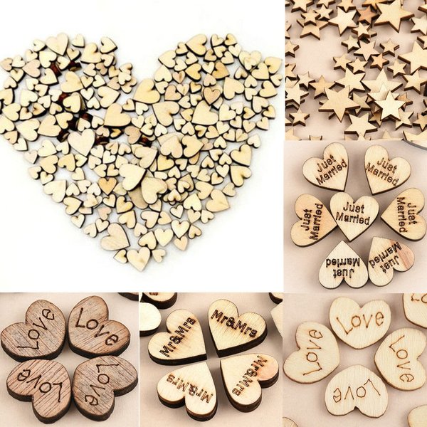 Coeur d'amour rustique en bois, 100 pièces, Strar à cinq branches, m. Mme. Just Married, décoration dispersée de Table de mariage, artisanat en bois