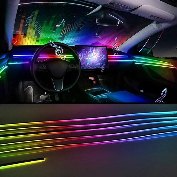 2/6-in-1 USB Auto-LED-Innenbeleuchtung, RGB-Faseroptik-Ambient-Beleuchtungsset mit APP-Steuerung & Musik-Synchronisation für Armaturenbrett-Konsole, 5V Plug & Play
