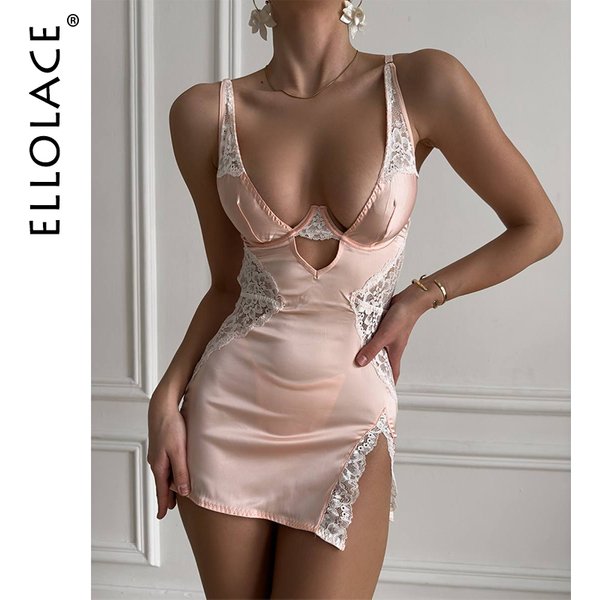 Ellolace Sexy col en V profond robe en Satin Lingerie Sexy dentelle Patchwork fendu Sissy robe de nuit femmes robe Slip vêtements de nuit en soie
