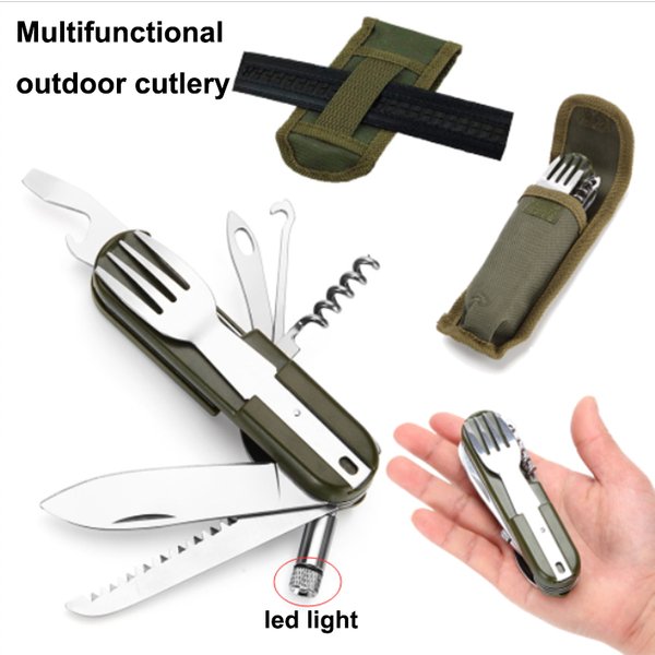 2022 Outdoor Portable Army Green Folding Camping Cutlery Knife Fork Spoon Bottle Opener Tableware Stainless Steel Pocket Cutlery