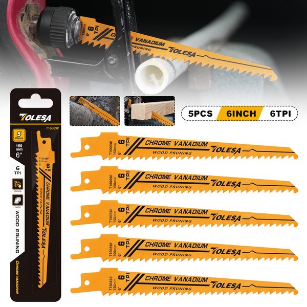 TOLESA-Scie alternative pour l'élagage du bois, scie sabre, coupe de tuyaux en bois et en PVC, dents au sol pointues CRV, 5 pièces, 5/6TPI