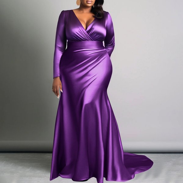 Plus Größe Elegante Frauen Kleid Solide V-ausschnitt Langarm Hohe Taille Luxus Abendkleid Party Hochzeit Gast Fischschwanz Lange Kleider
