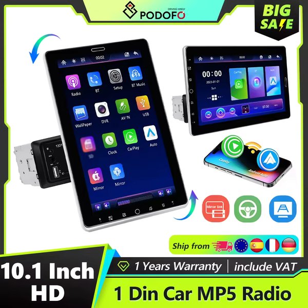 Podofo 1Din 10.1'' Radio Samochodowe Carplay Android Auto Mirror Link GPS Navi Uniwersalny Odtwarzacz Multimedialny z BT FM Radio TF USB EQ