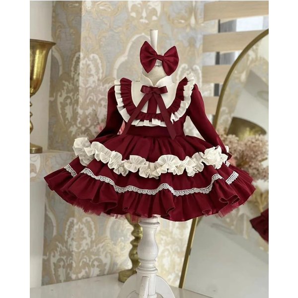 0-12Y Baby Girl Spring Autumn Burgandy Turkish Vintage Princess Dress for Christmas Birthday Holiday Easter Photography Eid C77