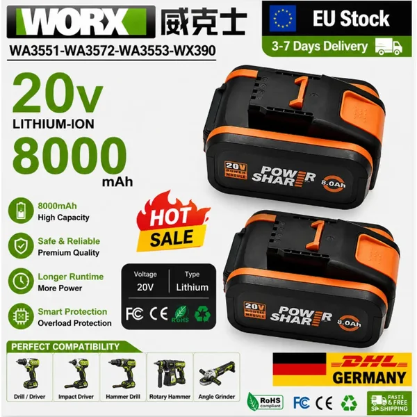 100 % neue 8Ah 4Ah Batterie für WORX 20V WA3014 WA3551 WG630 WG629 WX372 WX390 WX394 WX550 WX523 WX802 WX858 WX900