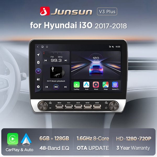 Junsun 10,1-Zoll-Autoradio für Hyundai I30 2017 2018, kabelloses CarPlay, Android Auto, intelligente Systeme, IPS-Touchscreen mit physischen Tasten, DSP, GPS-Navigation, WLAN, DAB+, RDS, FM/RAM, BT,